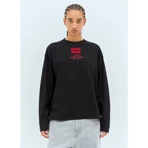 Miu Miu Logo Red Embroidery Sweatshirt Black Long Sleeve Crew Neck M